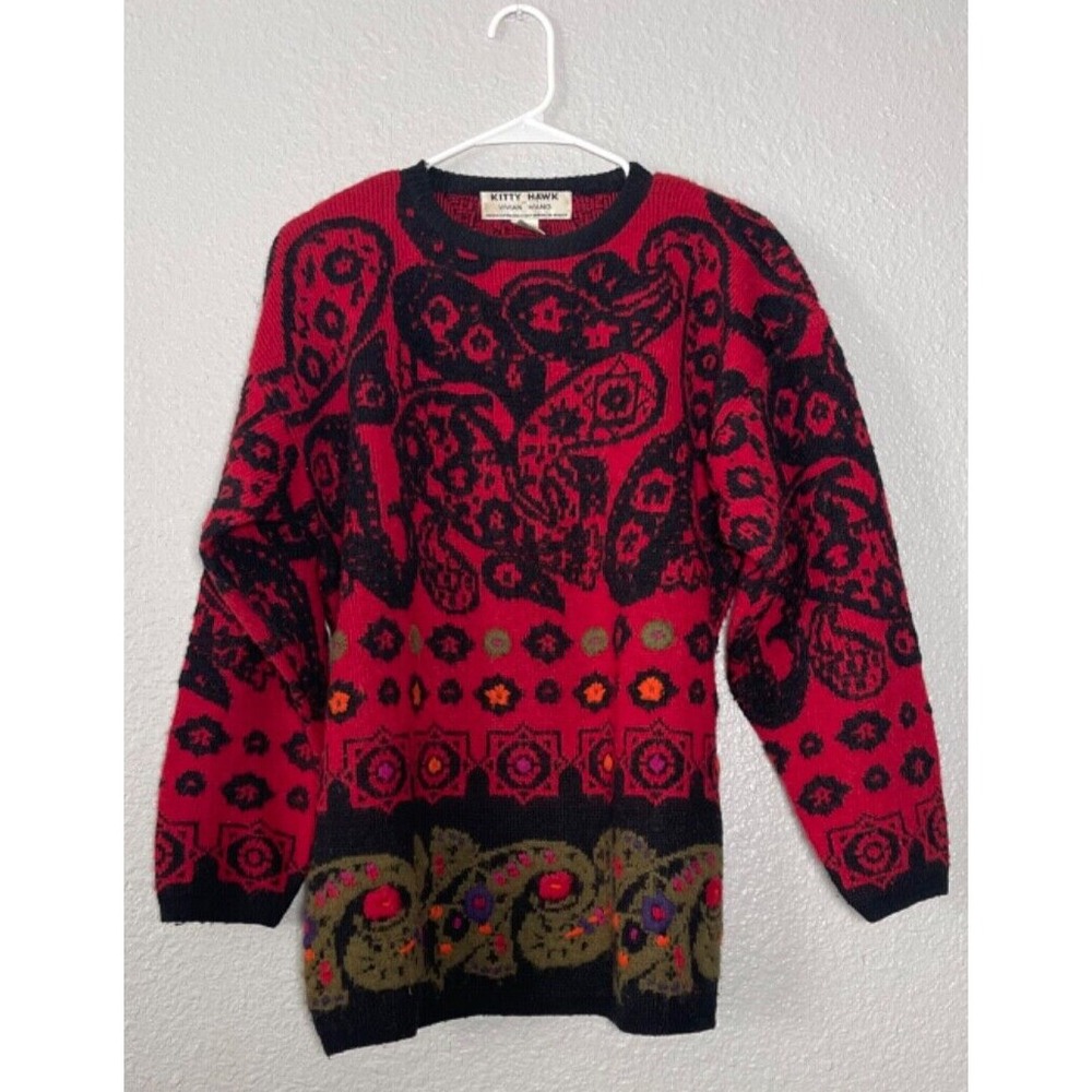 VTG Kitty Hawk by Vivian Pullover Sweater Women's 8 Red Multi Shoulder Pads 80's